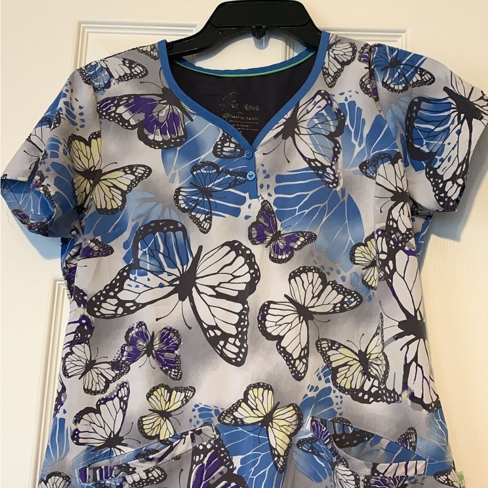 Healing Hands Blue and Yellow Scrub Top